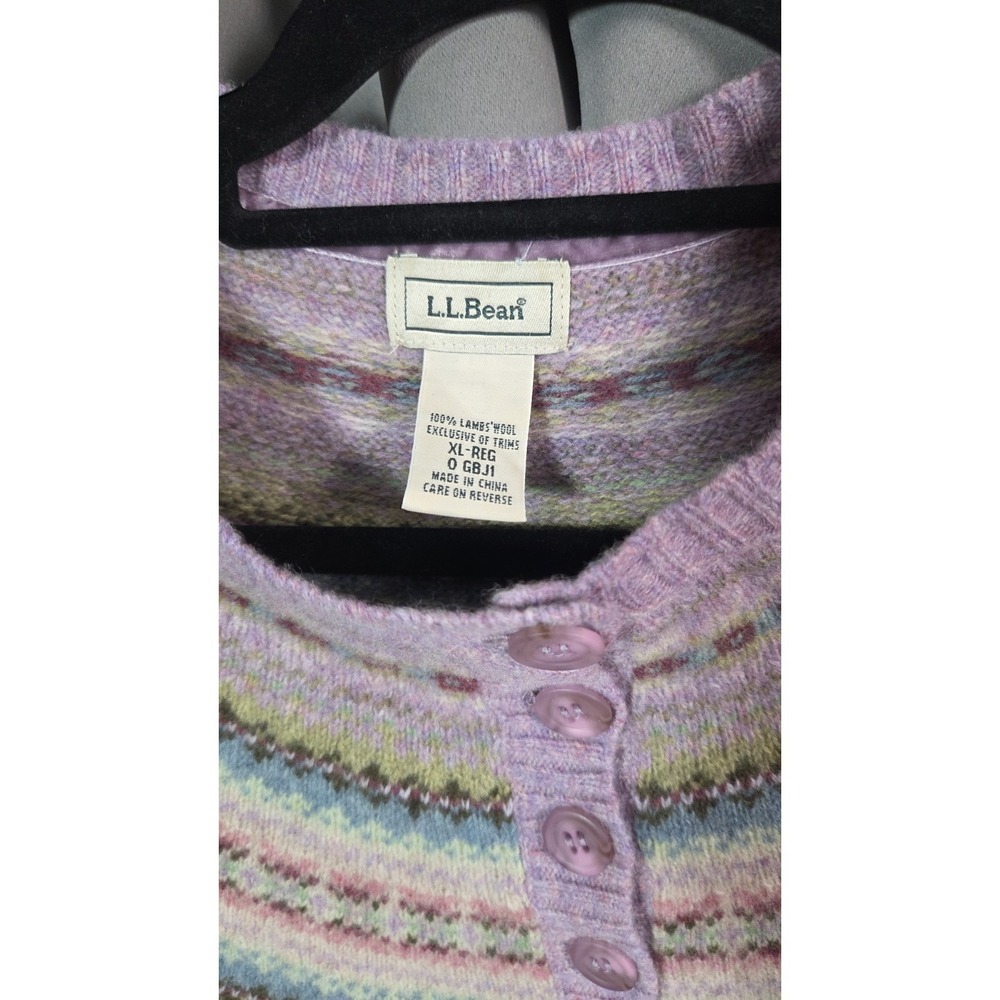 LL Bean Lavender Lamb Wool Pull Over Fair Isle Pattern Sweater Pockets XL Reg - Picture 3 of 6
